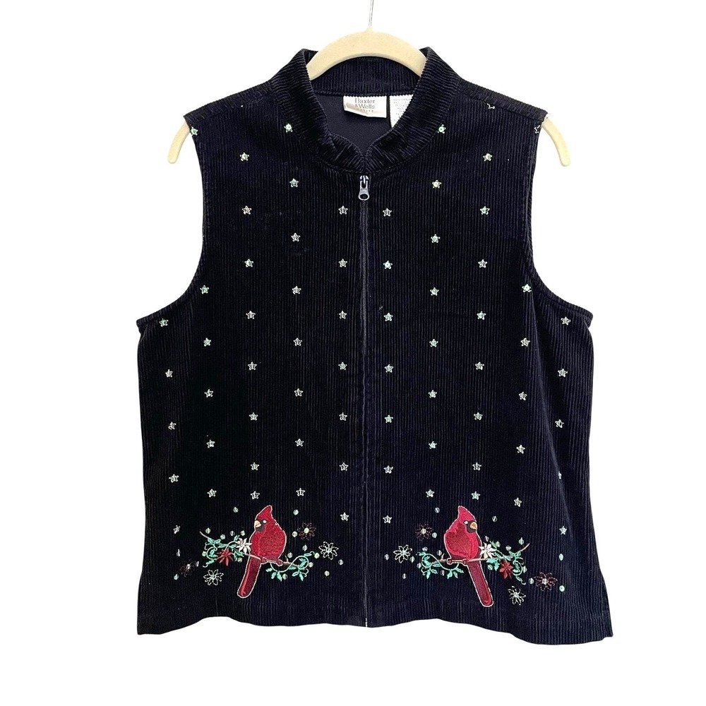Embroidered Christmas Vest Cardinals Women's Zip Corduroy Medium Black Petite